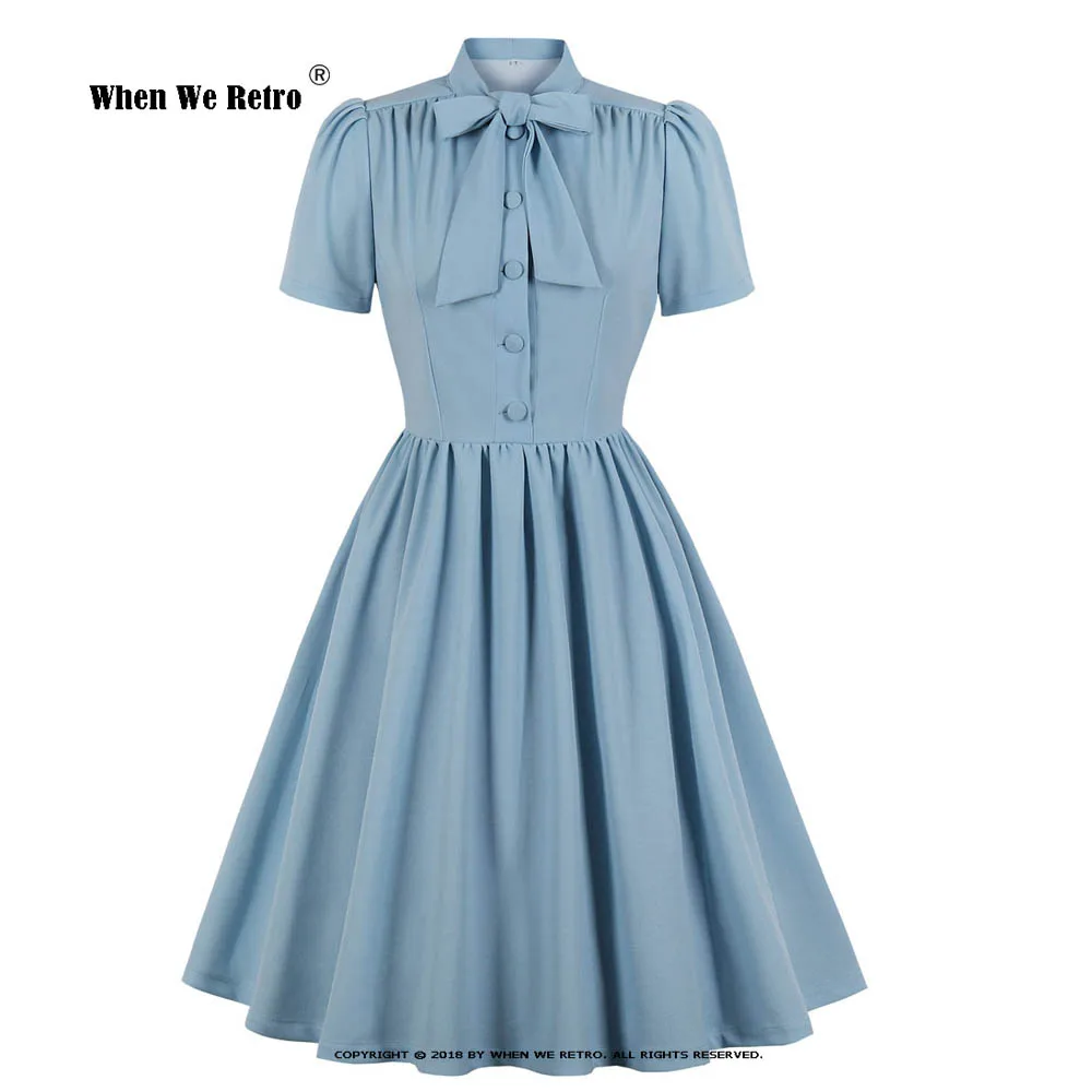 

2023 New Tie Neck Button Up 50S Pinup Robes Pleated Swing Vintage Dress Summer Blue Elegant Retro Ladies Women Dresses SD0081