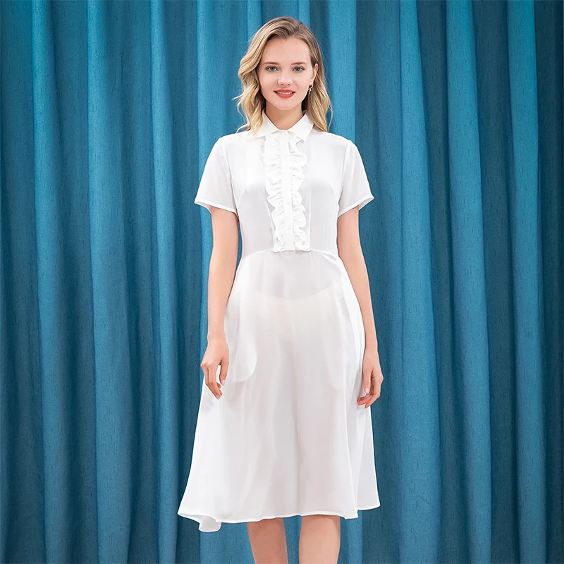 Silk 18m/m Blue Crepe-De-Chine Shirt Collar Single-Breasted Wooden Ear Design High Waist Office Lady Short-Sleeve Dress A30
Silk 18m/m Blue Crepe-De-Chine Shirt Collar Single-Breasted Wooden Ear Design High Waist Office Lady Short-Sleeve Dress A30