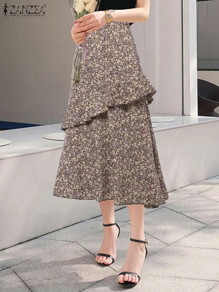 

ZANZEA Bohemian Fashion Jupes Elegant High Waist Midi Skirt 2023 Summer Floral Print Faldas Women A-line Ruffles Stitching Skirt