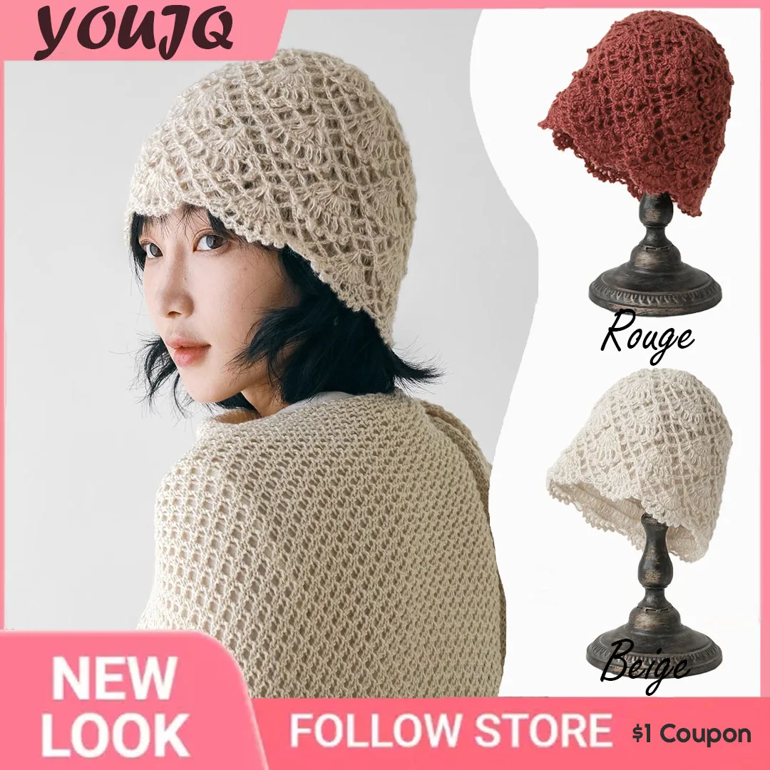

Handmade Wool Blend Crochet Lace Hollow Head Hats for Women Spring Summer Retro Casual Turban Melon Leather Mesh Beanie Cap