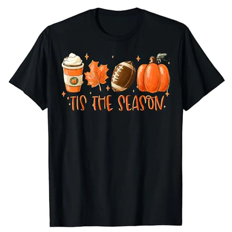 

Coffee Fall Football Pumpkin Spice Latte and Halloween Spooky Season T-Shirt Spooky Vibes Autumn Tee Casual Tops Halloween Gifts