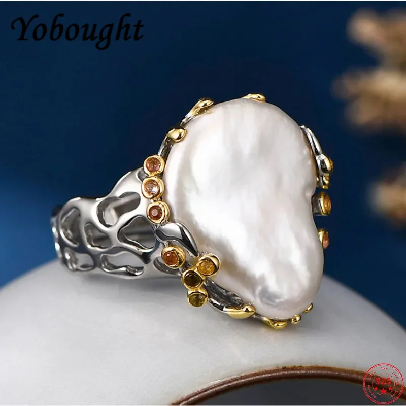 

Genuine s925 sterling silver rings for Women New Fashion exaggerate Baroque freshwater pearl micro inlay zircon hollow jewelry