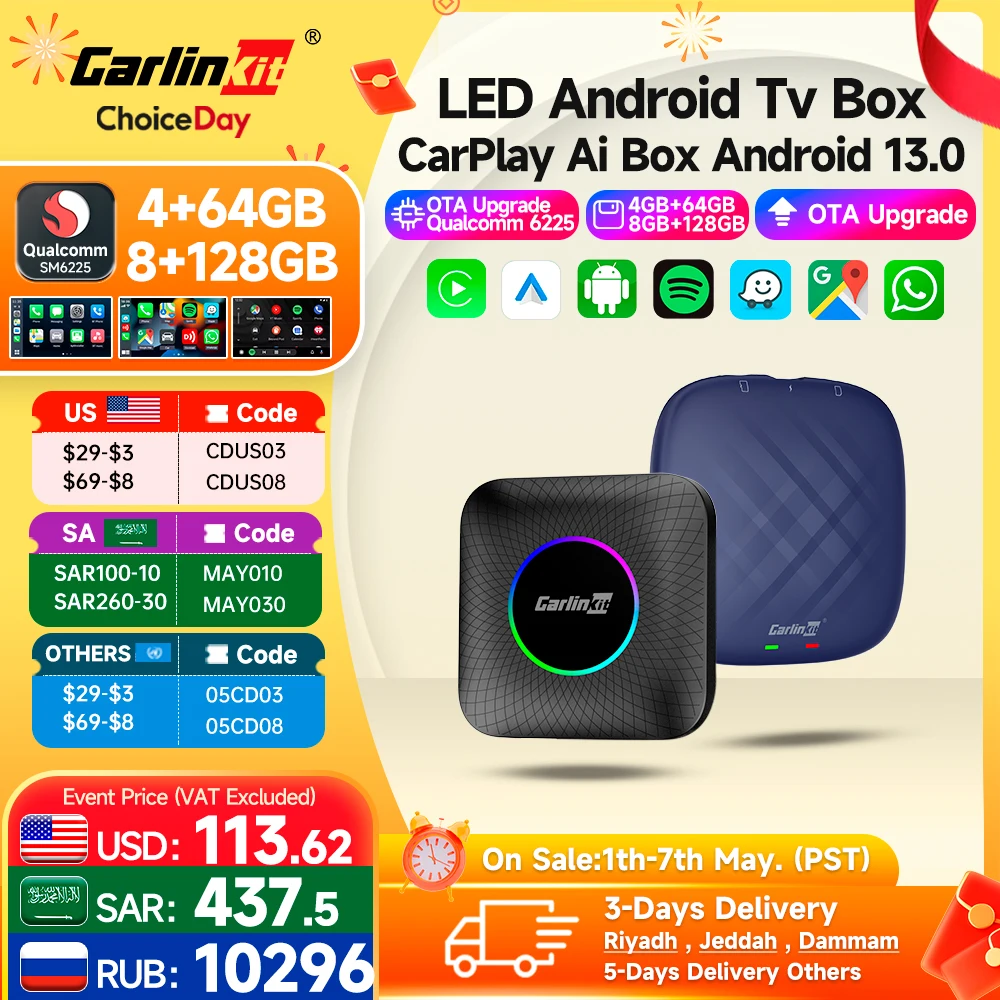

Carlinkit Ai Box Android 13 Led Wireless Android Auto & CarPlay Smart Tv Box QCM6225 Support Youtube Netflix Car Accessories