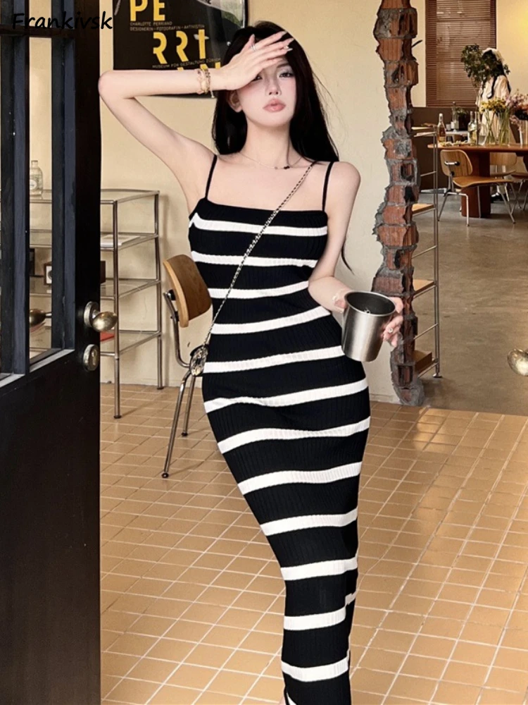 

Dresses Women Striped Korean Style Summer Sexy Hotsweet Fashion All-match Casual Daily Spaghetti Strap Cozy Simple Schoolgirls