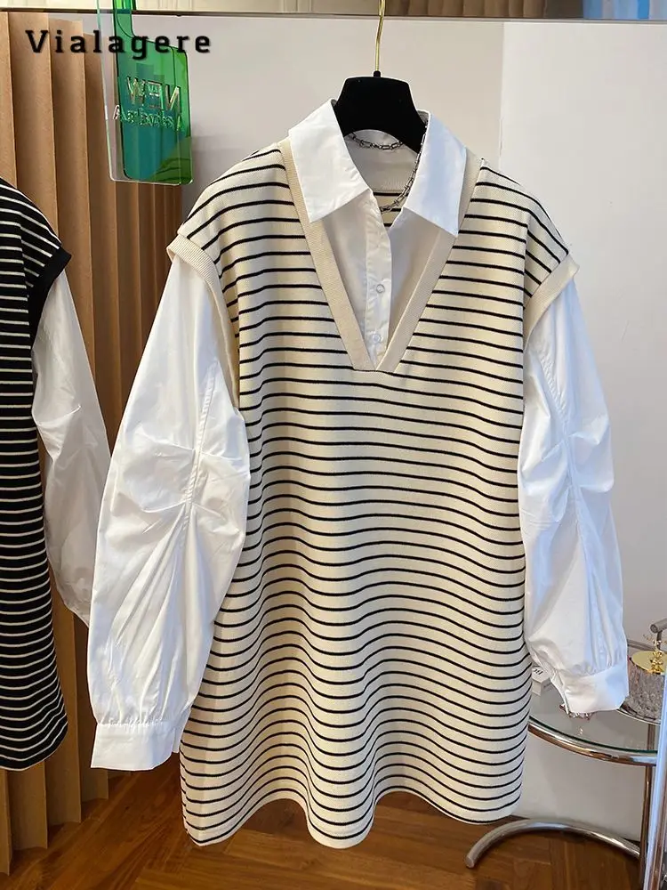 Korean Style Striped Loose Long Sleeve Fake Two Piece Shirt 2023 Autumn Winter Women's Casual Turn-Down Collar Baggy Blouse Top
Korean Style Striped Loose Long Sleeve Fake Two Piece Shirt 2023 Autumn Winter Women's Casual Turn-Down Collar Baggy Blouse Top