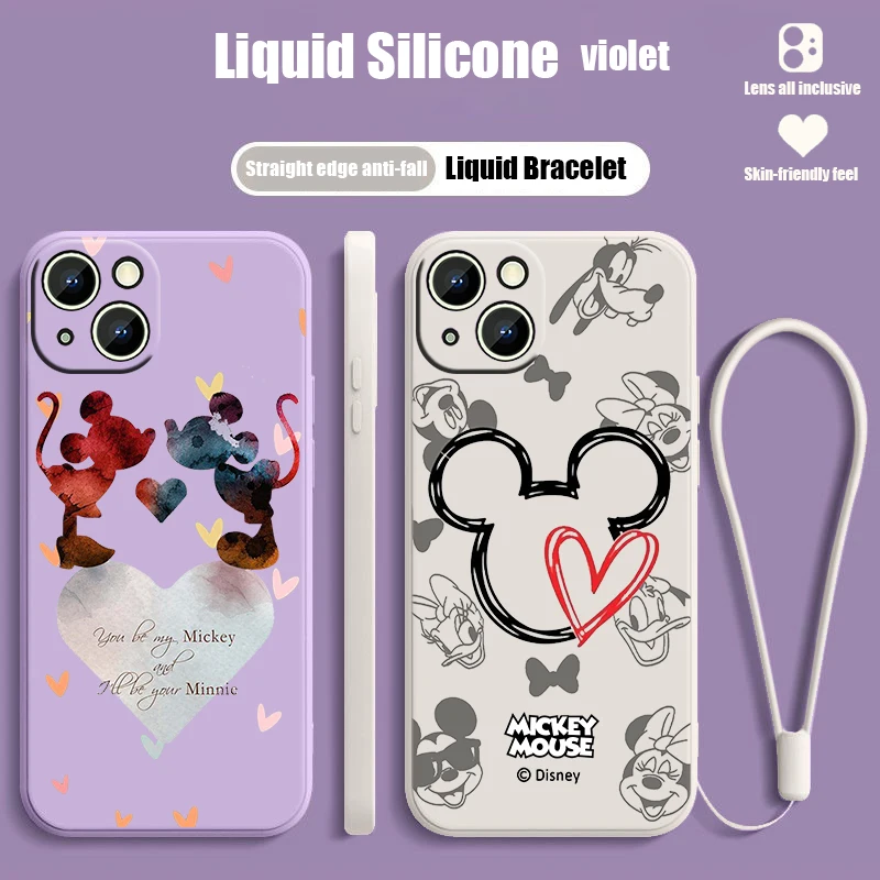 

Disney Cute Mickey Minnie For iPhone 14 13 12 Mini 11 Pro Max 8 7 Plus XR XS X Liquid Rope Funda Cover Silicone Phone Case