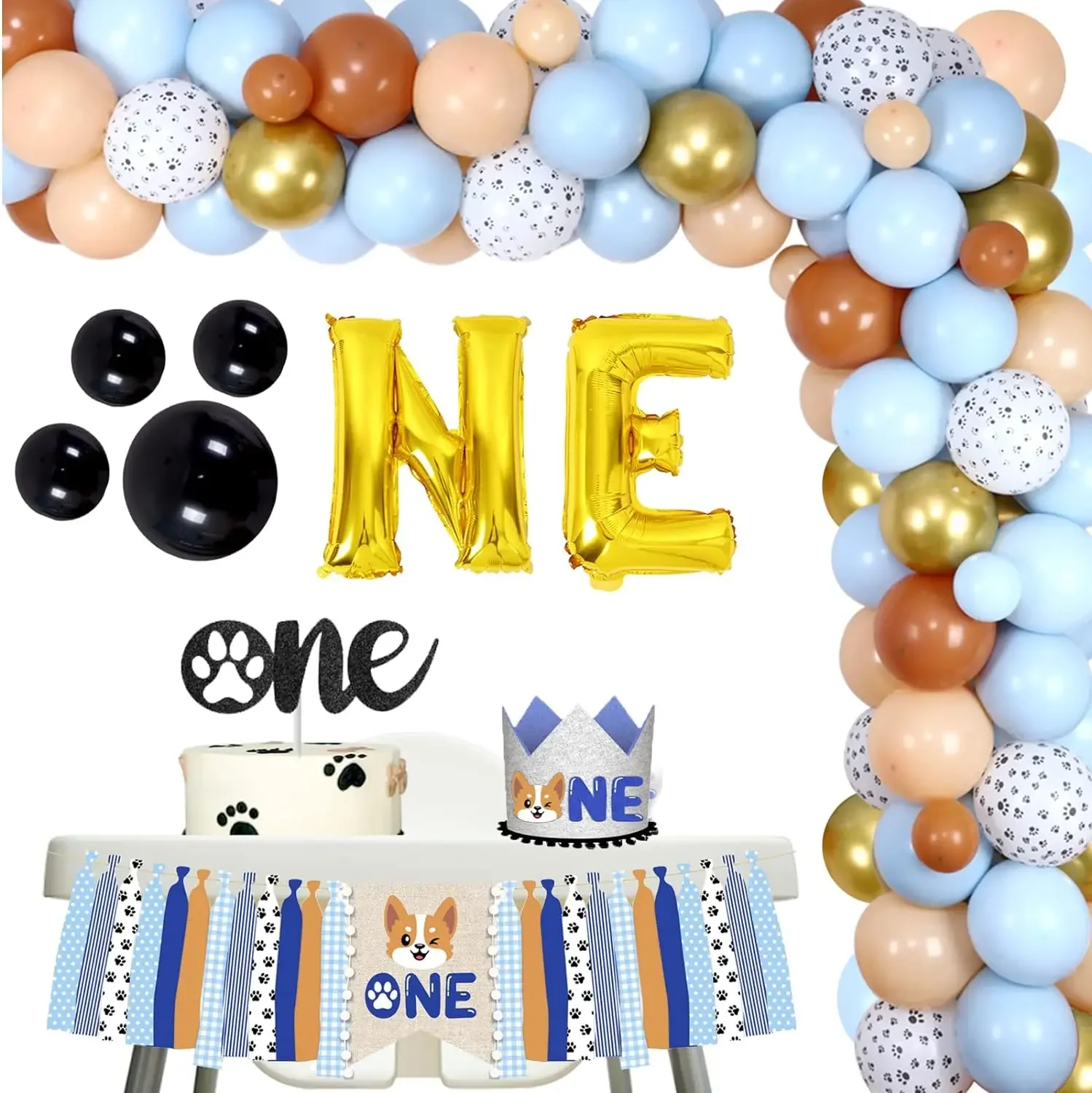 

First Birthday Party Decor Balloon Garland Arch Kit, Puppy Themed, 1st Birthday Party with Dog 1st HighChair, Banner Hat, Cake T