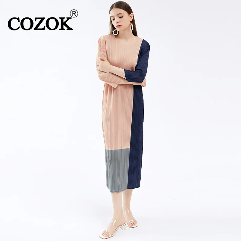 

COZOK New Elegant Women 2024 Fashion Contrasting Color Patchwork Three Quarter Sleeve O-Neck All-match Dress WT602