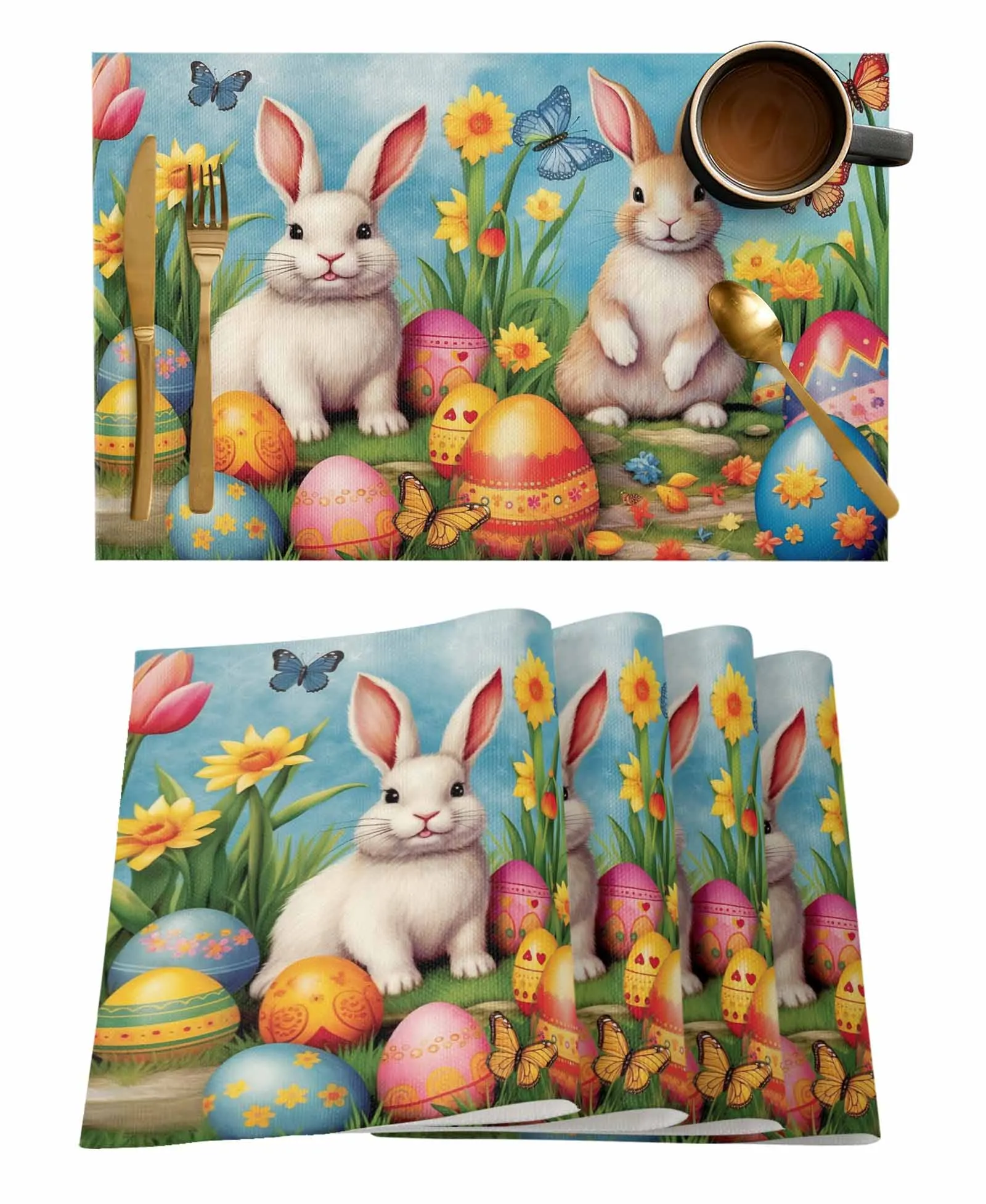 

4/6 Pcs Easter Eggs Bunny Watercolor Flowers Kitchen Placemat Dining Table Decor Table Mat Home Decor Coffee Tea Pad Cup