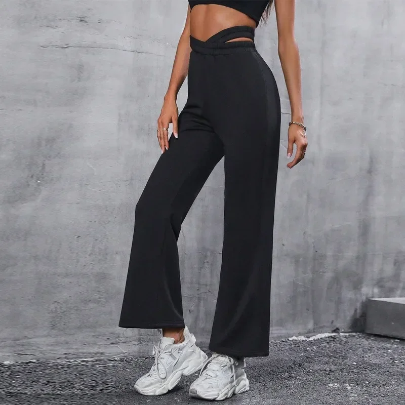 

Fashion Women's Simple Slim Sports Hollow Out Waist Flared Pant Female Clothes Temperament Commuting Women Casual Trousers YSQ44