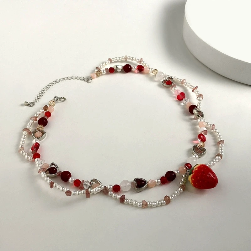 

Strawberry Necklace Imitation Pearl Choker Bohemia Layer Crystal Clavicle Chain Dropship