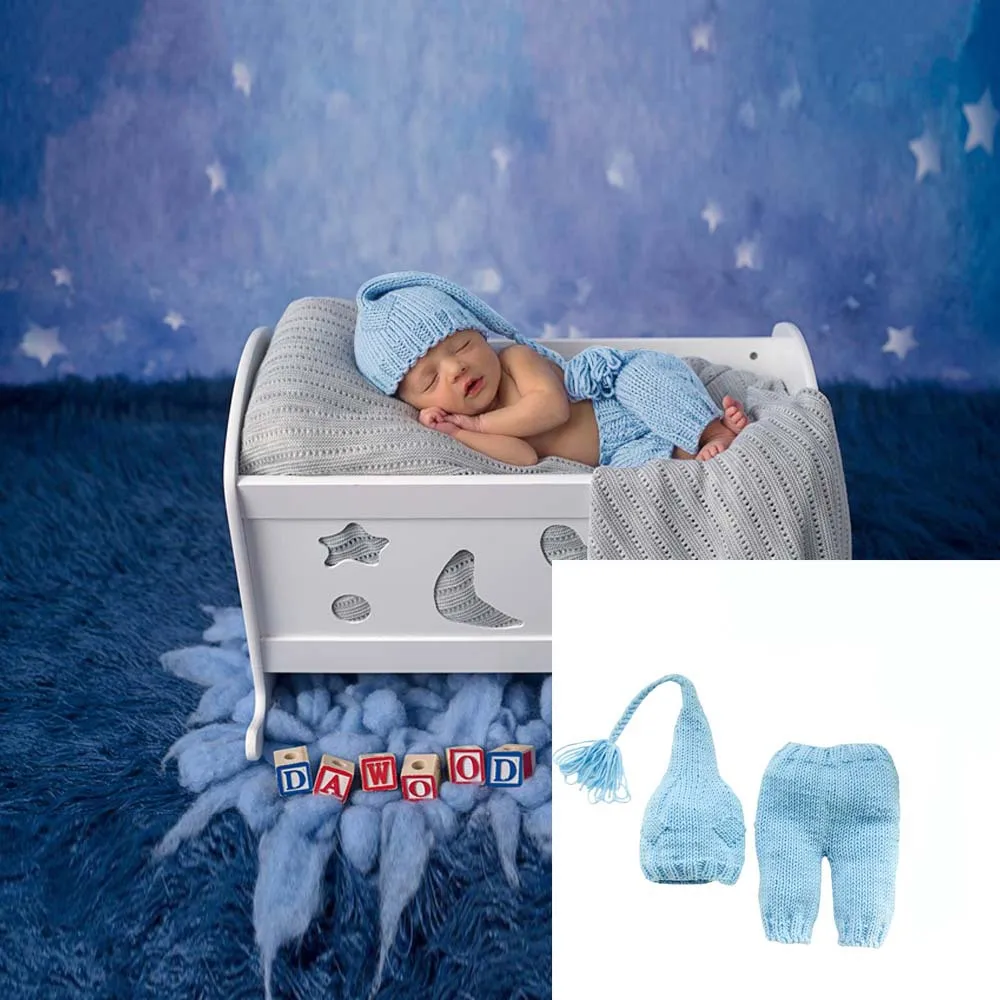 

Свитер ручной работы для новорожденных, вязаная одежда для фотосъемки, модная синяя шапка с длинным хвостом для младенцев, аксессуары для студийной фотосъемки новорожденных