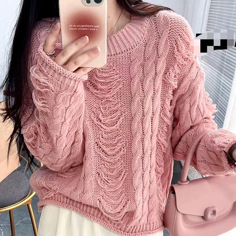 

2023 Fashion Frayed Simple Knitted Sweaters Autumn Winter Pullover Sweater Harajuku Style Women O Neck Loose Casual Tops 29297