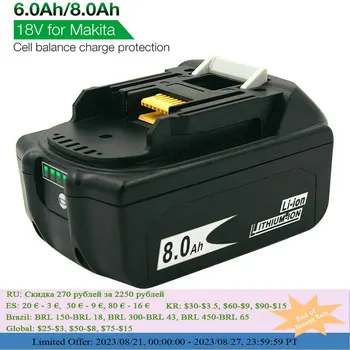 최신 버전 리튬 이온 전동 공구 충전식 배터리, 마키타 BL1830 BL1840 BL1850 LXT400, BL1860 BL1880, 18V, 6000mAh, 8000mAh