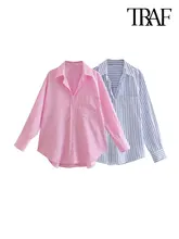 TRAF-Striped Loose Shirts With Pocket for Women, Long Sleeve, Button-up Blouses, Chic Tops, Female Fashion