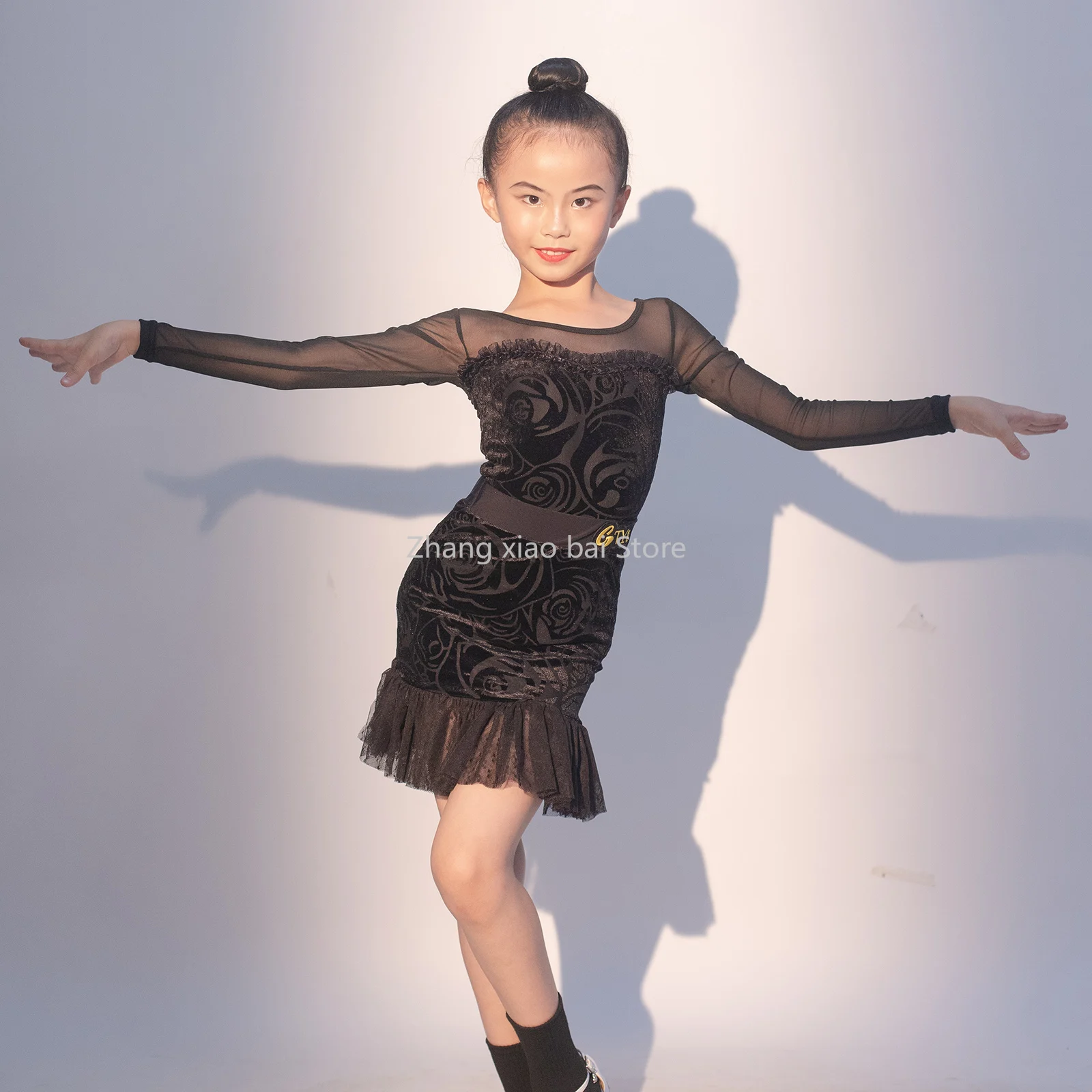 

Rumba Samba Salsa Latin Dance Dress Girls Long Sleeve Black Tango Latin Dance Clothes Child Ballroom Dance Competition Dresses