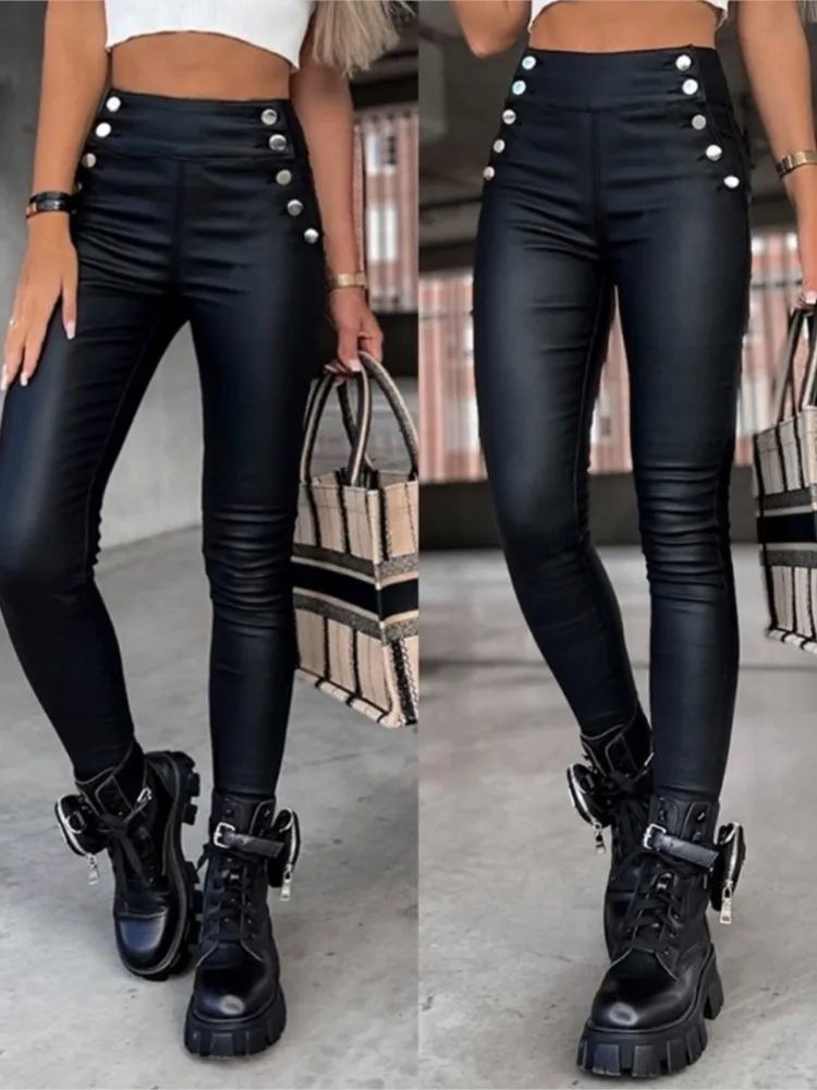 PU Leather Skinny Pants Women 2023 Summer New Plain High Waist Buttoned Black Long Trousers Fashion All-Match Clothing Female
PU Leather Skinny Pants Women 2023 Summer New Plain High Waist Buttoned Black Long Trousers Fashion All-Match Clothing Female