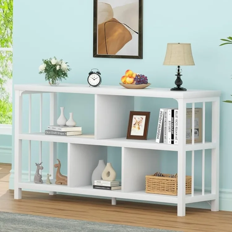 

IBF White Wood Bookshelf, Industrial Horizontal Cubby Book Shelf, Low Open Shelf Bookcase for Office Living Room, Modern Short