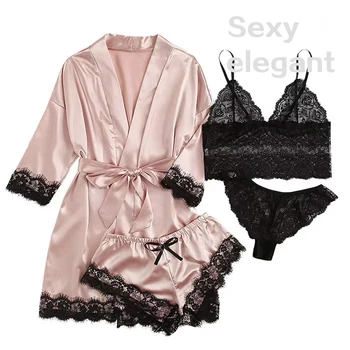 Pieces Woman Sleepwear Pajamas Ser With Robe Sexy Lace Lingerie