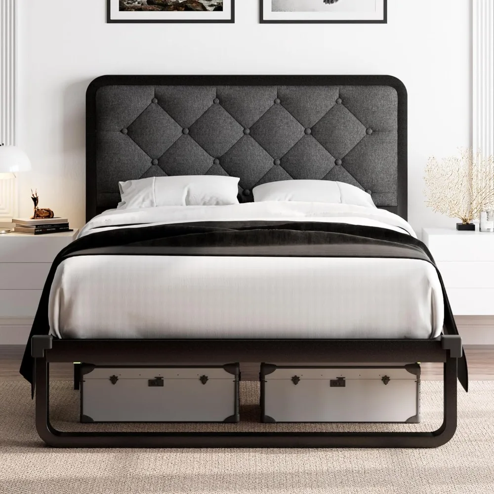 

Twin Size Bed Frame, Upholstered Platform Bed Frame with Heavy-Duty Metal Steel Slats, Diamond Linen Headboard,12" Storage Space