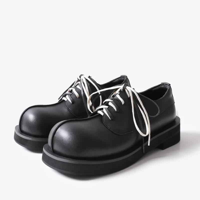 

British Style Women Leather Casual Shoes Black Platform Round Toe Lace Up Derby Shoes Female Thick Sole Vulcanize Shoes