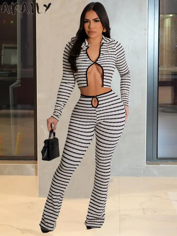 

Akaily Black White Striped Crop Top Pants Set Vacation Casual For Women 2023 Winter Long Sleeve Bodycon 2 Two Piece Pants Sets