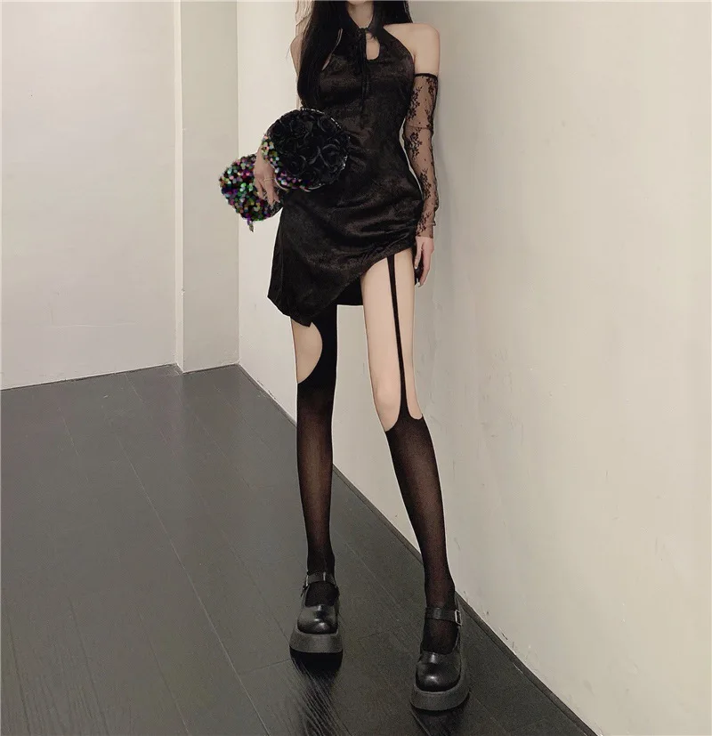 

Women Tights Asymmetrical Suspender Black Stockings Sexy Hole Hollowed Out Fishnet Socks Summer Thin White Silk Pantyhose