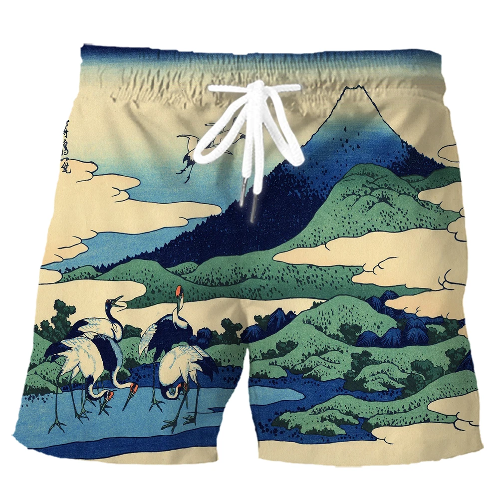 

CLOOCL Fashion Sports Shorts Ukiyo-e Art Painting Mount Fuji Crane 3D Printed Pants Summer Polyester Men Casual Board Shorts