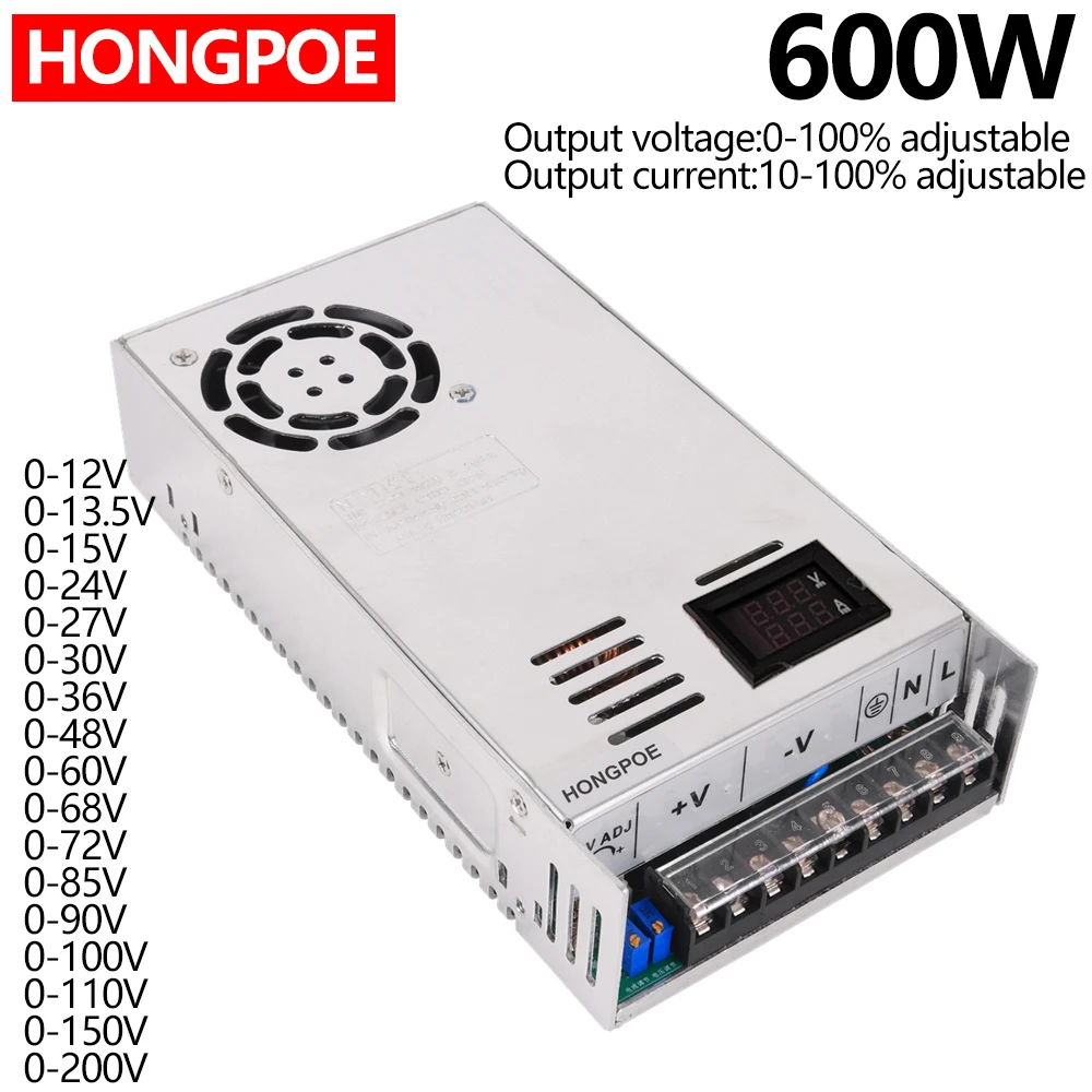 

Digital Display Adjustable 600W Power Supply 0-12V 15V 24V 27V 30V 36V 48V 60V 68V 72V 85V 90V 100V 110V 150V 200V Ac To Dc