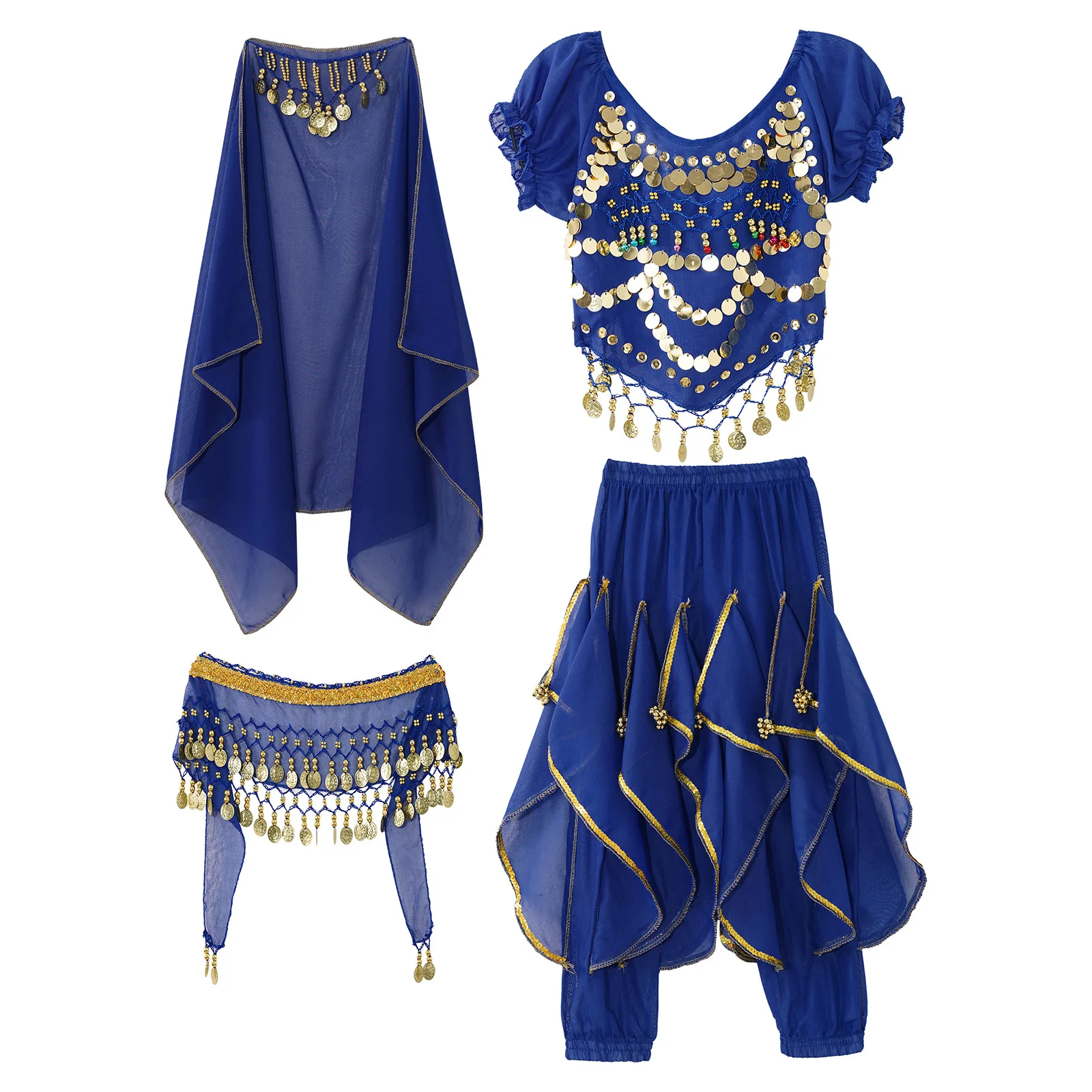 Kids Girls Belly Dance Costumes 4Pcs Outfit Lace-up Puff Sleeve Crop Top+Ruffled Pants+Hip Scarf+Headscarf Belly Dancing Clothes
Kids Girls Belly Dance Costumes 4Pcs Outfit Lace-up Puff Sleeve Crop Top+Ruffled Pants+Hip Scarf+Headscarf Belly Dancing Clothes