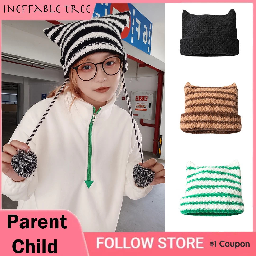

Y2K Parent-Child Crochet Beanie Hat Striped Knitted Cap Autumn Winter Cat Ears Pointed Pullover Women's Party Hats Accessories