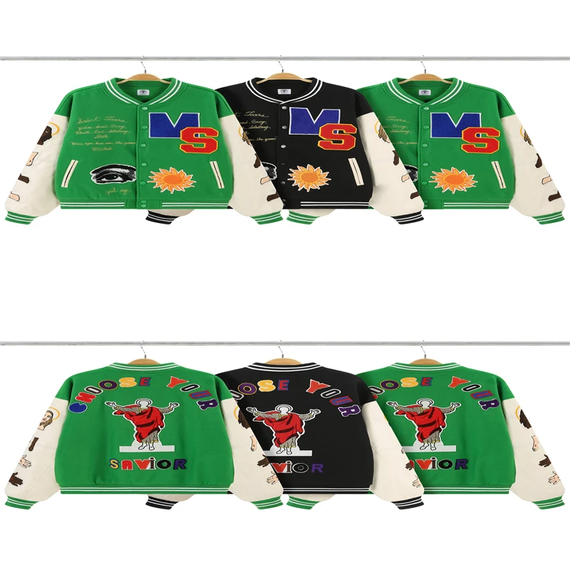 2023 Men Women Patchwork Saint Michael Baseball Jacket Black Green Casual Towel Embroidery Graphics Leather Sleeve Uniform Coat
2023 Men Women Patchwork Saint Michael Baseball Jacket Black Green Casual Towel Embroidery Graphics Leather Sleeve Uniform Coat