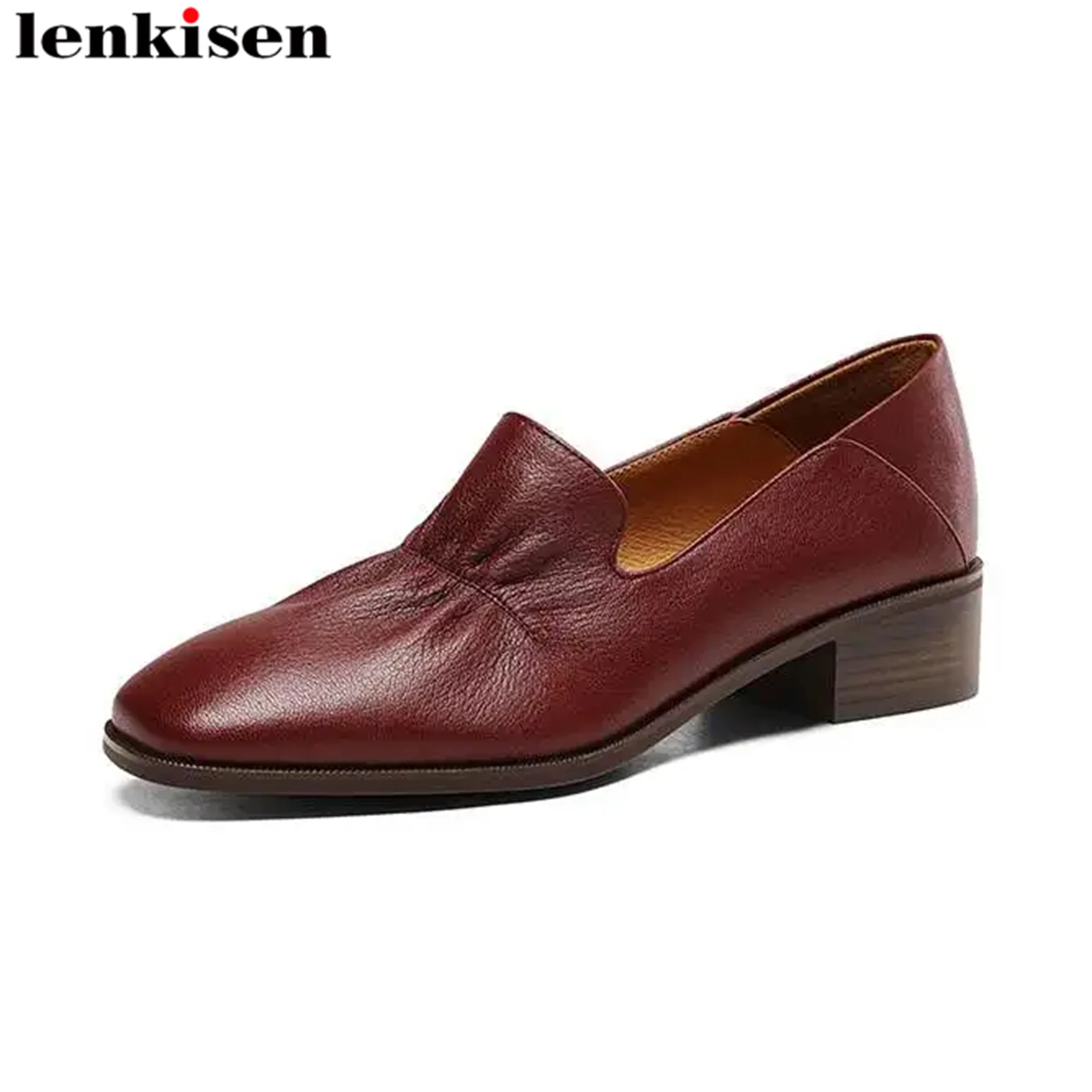 

Lenkisen Sheep Leather Chunky Low Heels Spring Summer Shoes Round Toe Casual Mature Casual Office Lady Deep Mouth Women Pumps