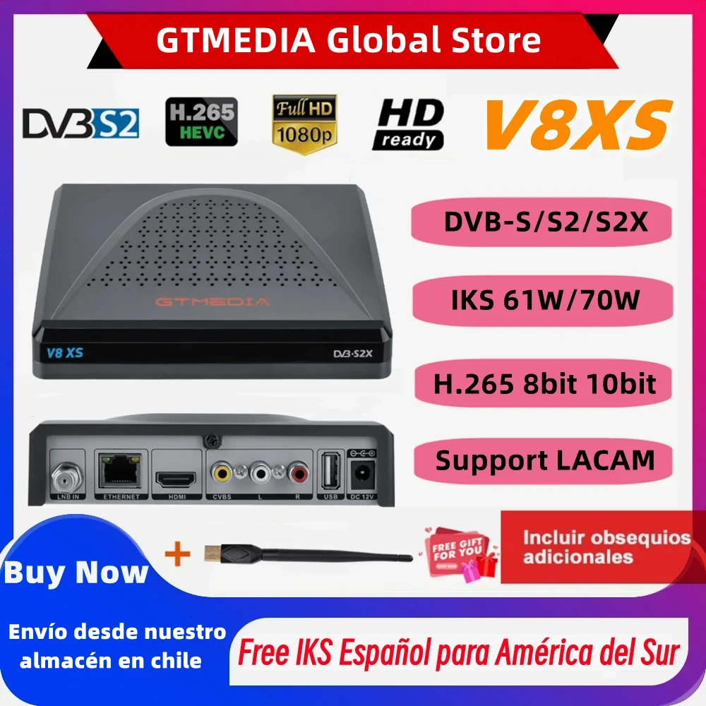 

GTMEDIA V8XS LAcam DVB-S/S2/S2X Support 61W,70W IKS With Spanish CH Free For Life,Smart CA Card,H.265 10bit,CCAM/M3U TV Receiver
