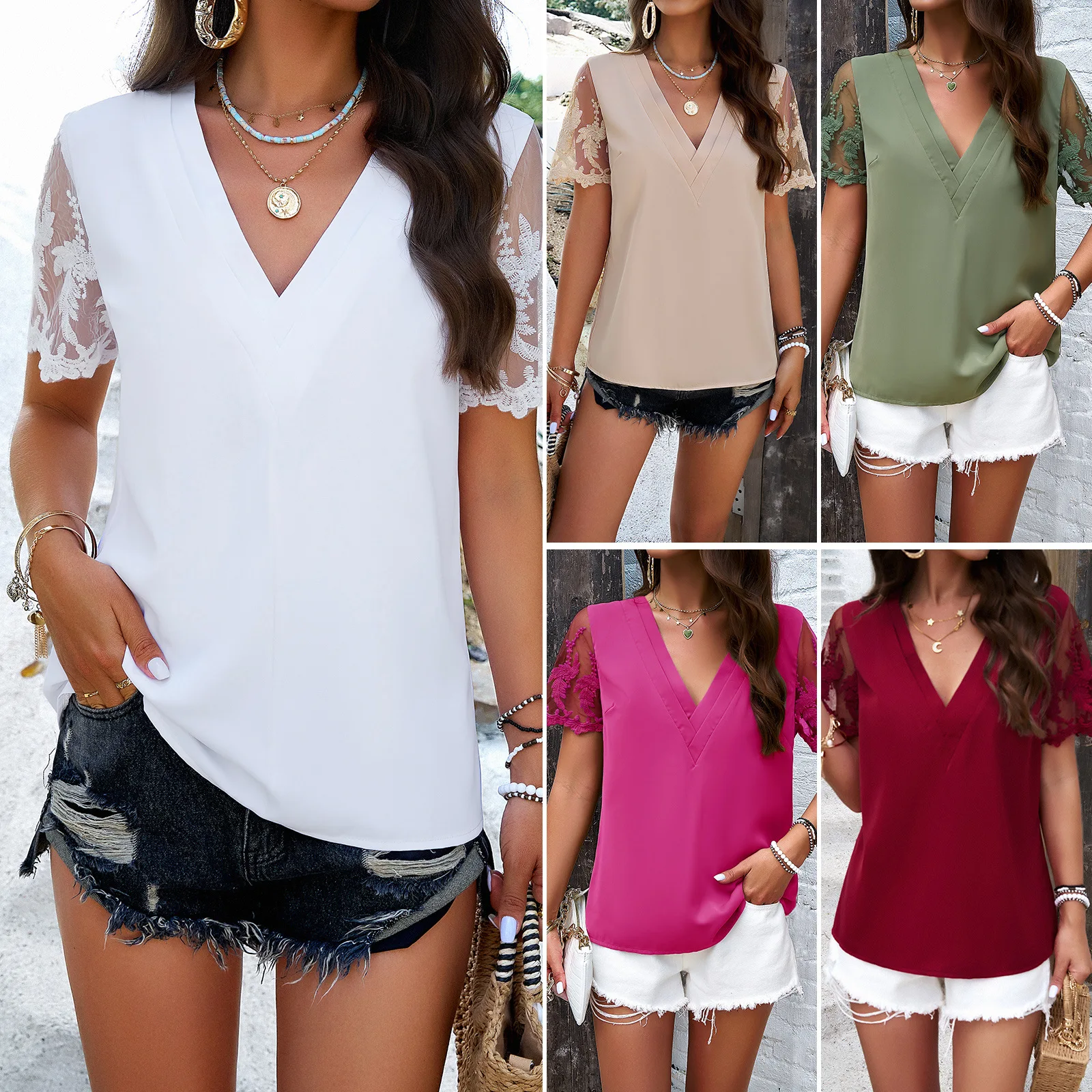 

YEAE Solid Color Short-sleeved Hollowed Out T-shirt V-neck Petal Sleeve Jacquard Loose Pullover Tops Casual Commuting Versatile