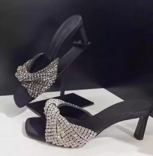 

Carpaton 2024 Bling Bling Crystal Embellished High Heel Shoes Women Open Toe Butterfly-knot Sexy Slippers Summer Sandals
