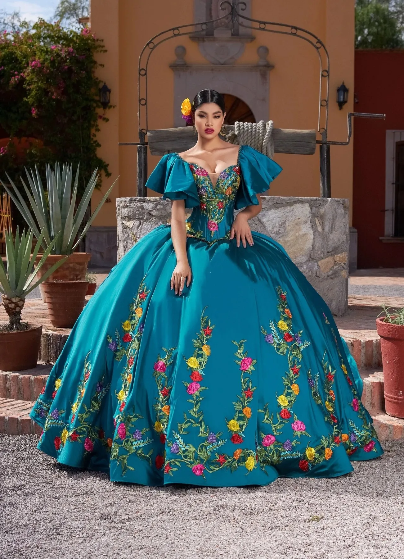 

Голубое Бальное Платье Charro Quinceanera, бальное платье с открытыми плечами и аппликацией из бисера, мексиканские милые платья 16 лет