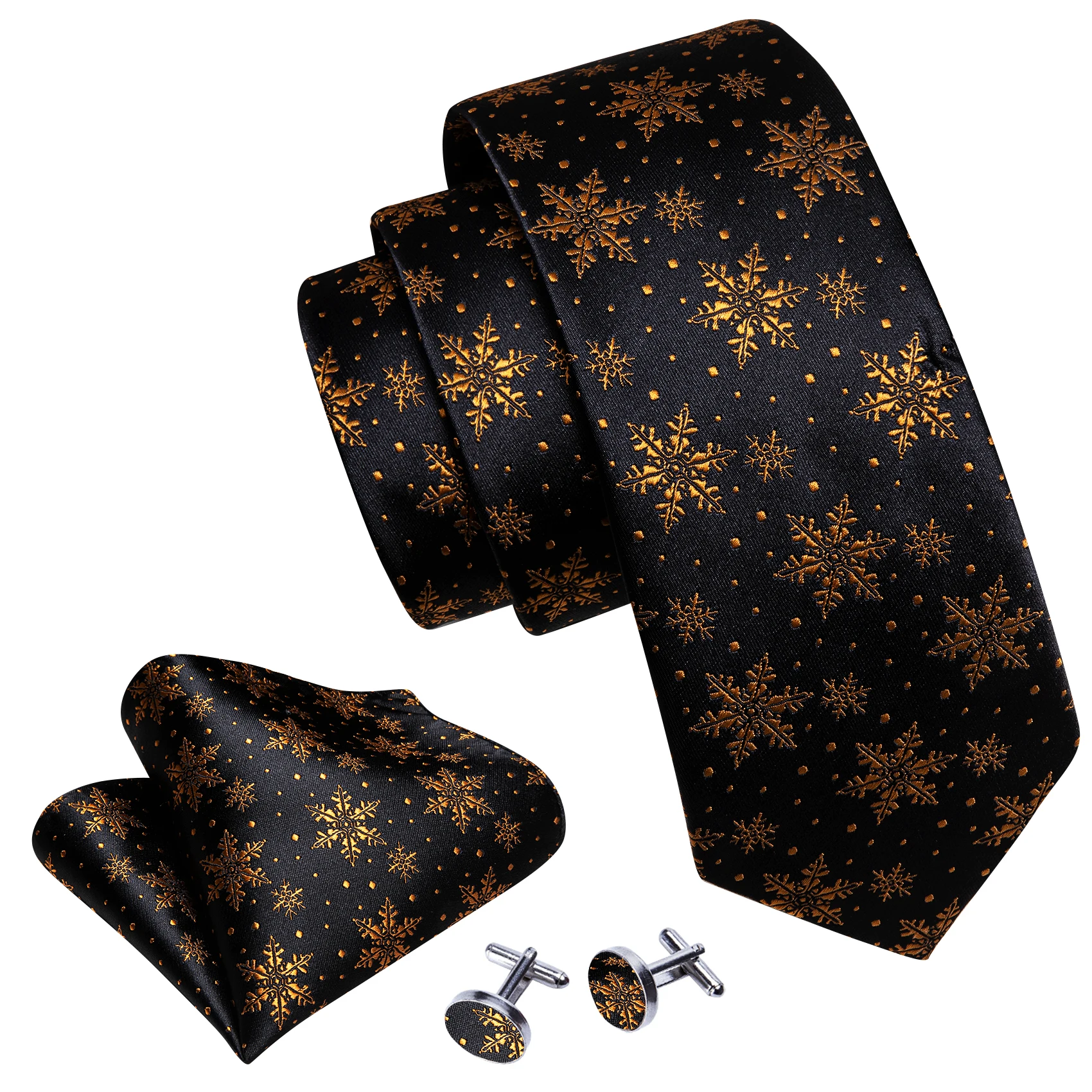 

Black Gold Snow Silk Men Tie Stylish Christmas Neck tie Hankerchief Cufflinks Set Merry Xmas Festival Santa Tree Gift Barry.Wang