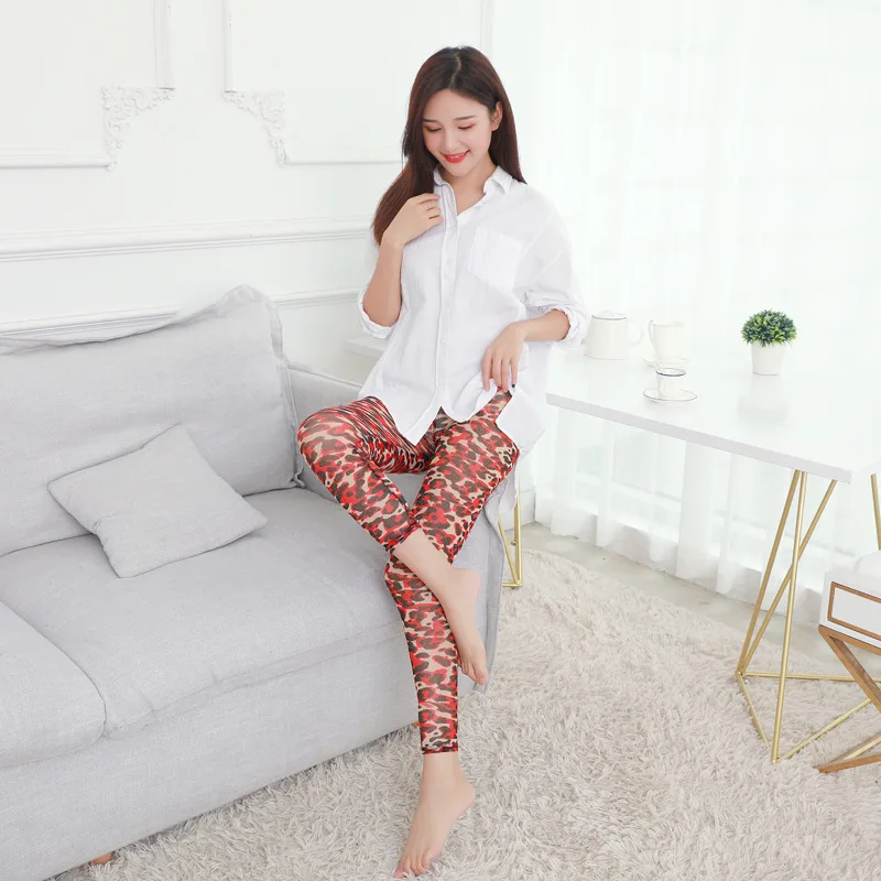 

Fashion Leopard Print Women's Summer Leggings Thin Mesh Breathable Lolita Hottie Sexy Stretch Tight Nylon Cropped Pants