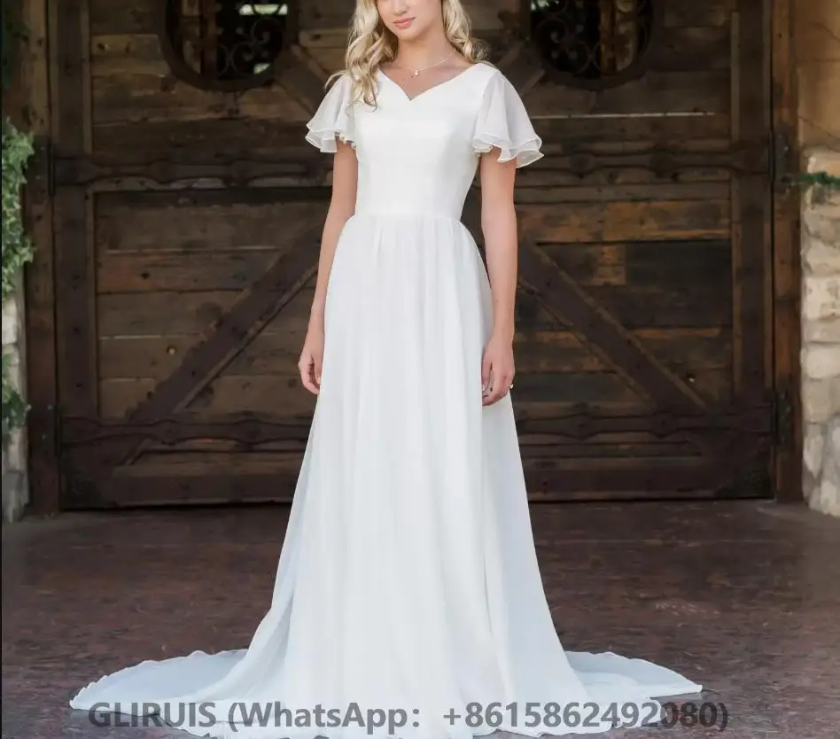 

V Neck Wedding Dresses Long Chiiffon A Line فساتين زفاف White Bridal Gown Свадебные платья Robes de mariée with Sleeve