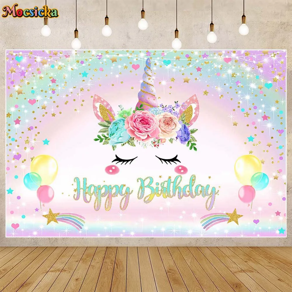 

Mocsicka Unicorn Birthday Backdrop Rainbow Balloon Star Girl Birthday Party Decor Photo Background Banner Studio Photocall Props