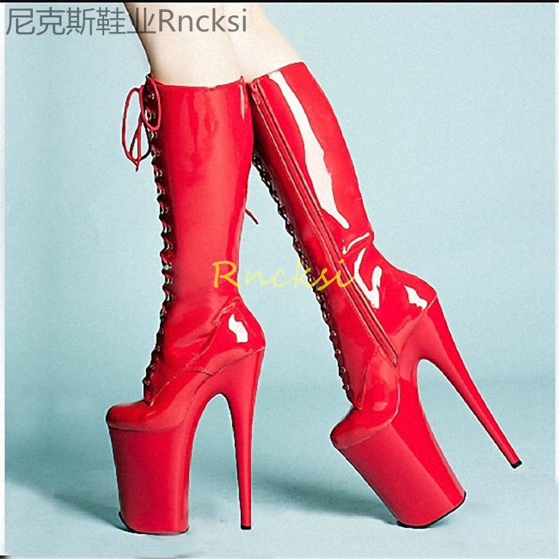 

20cm Autumn new patent leather elastic super high-heeled boots pole dancing boots lace-up women's boots boots round head