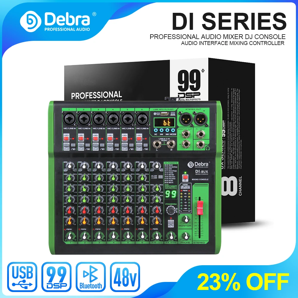 

Debra Pro 8 Channel Mixer Audio With 99 DSP Digital Effects USB MP3 Input For DJ Mixing Console Controller Karaoke Recording