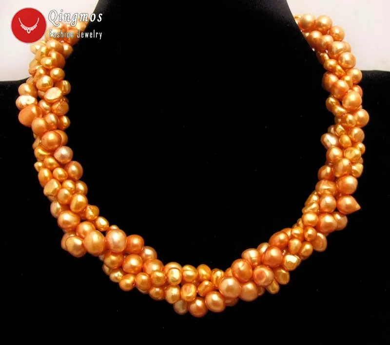 

Qingmos 6-7mm Baroque Natural Orange Pearl Necklace for Women with 2 Strands Long Necklace 40" Combination Chokers 18'' Set