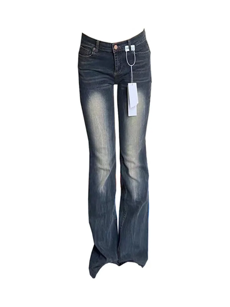 

American Style Y2k Fashion Washed Bleached Low Waist Blue Jeans Women Sexy Slim Bell Bottoms Summer 2024 Coquette Gyaru Trousers