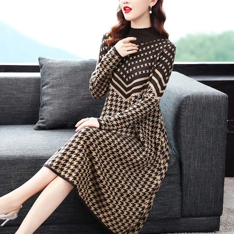 

Stylish Houndstooth Knitted Dresses Female Clothing Casual Half High Collar Spliced Autumn Winter Long Sleeve A-Line Midi Dress