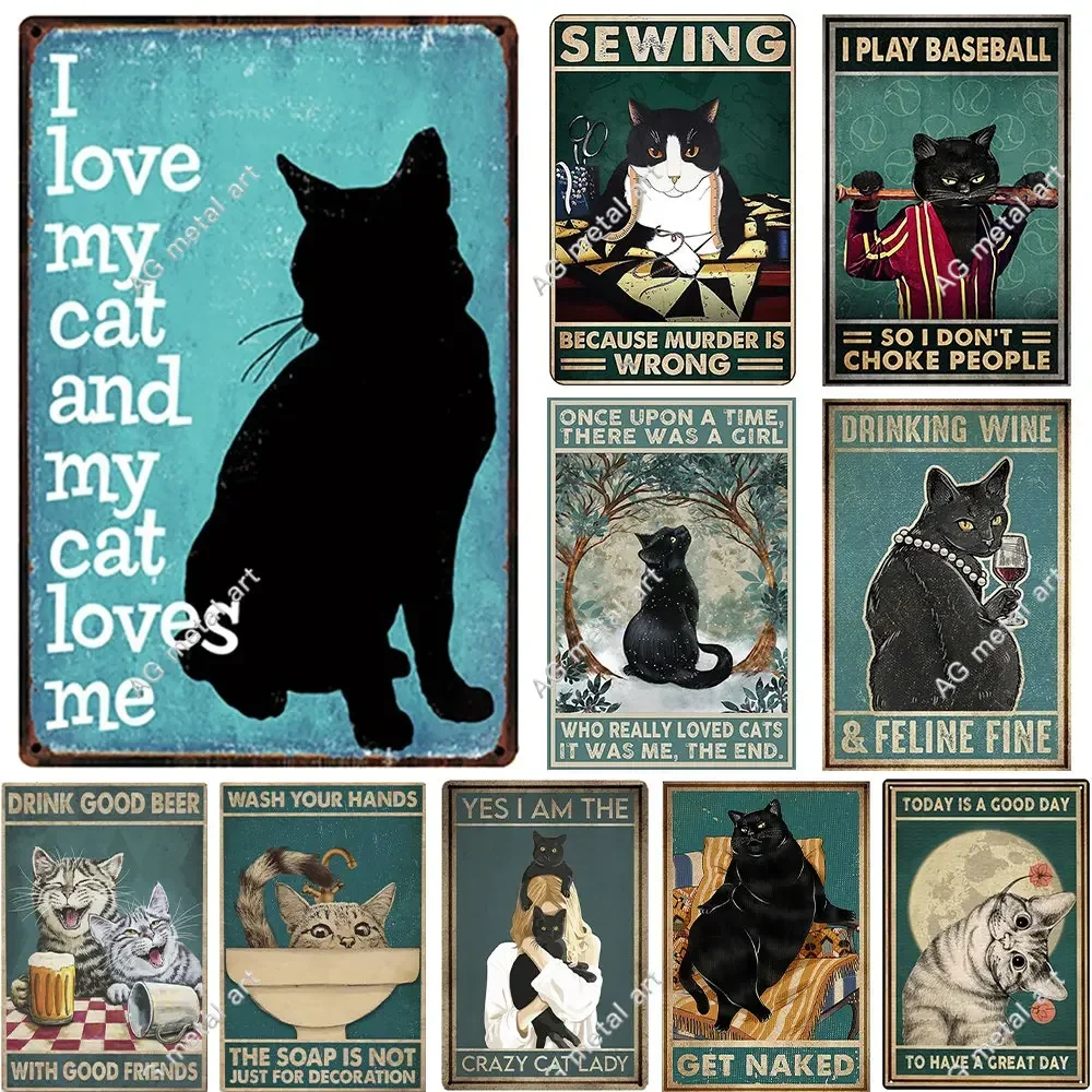 

FUNNY CAT Poster Vintage Metal Sign, Human And Lovely Kittens, Wall Decor Tin Sign For Home Bathroom Pet Shop metal sign