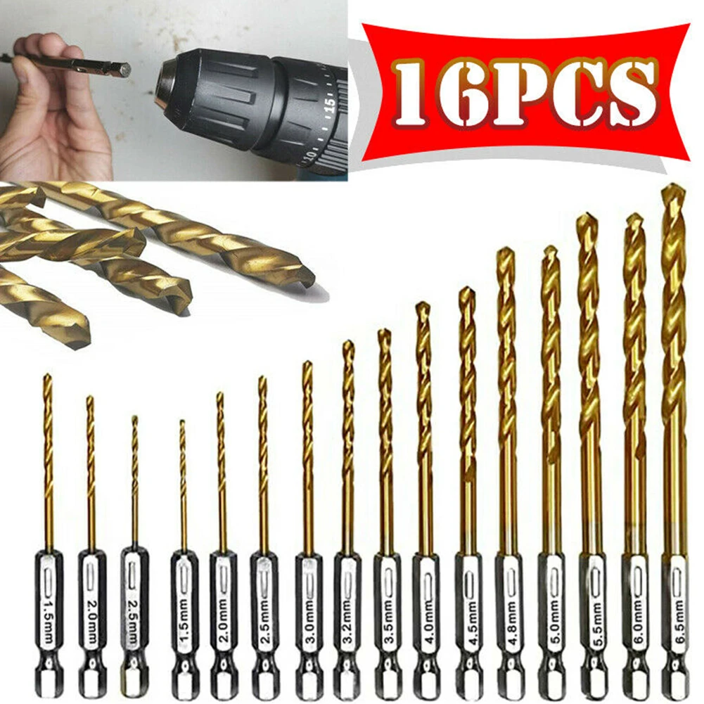 16 PCS HSS Titanium Coated Drill Bits Set 1/4 Hex Shank 1.5-6.5mm Electric Drill Bits Wood Aluminum Metal Stone Drill Bits
16 PCS HSS Titanium Coated Drill Bits Set 1/4 Hex Shank 1.5-6.5mm Electric Drill Bits Wood Aluminum Metal Stone Drill Bits