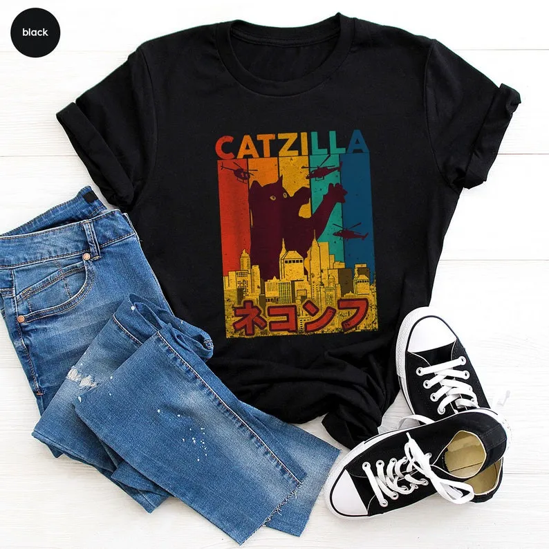 Фото Футболка Catzilla винтажная рубашка с черной кошкой подарок кошке маме Забавный