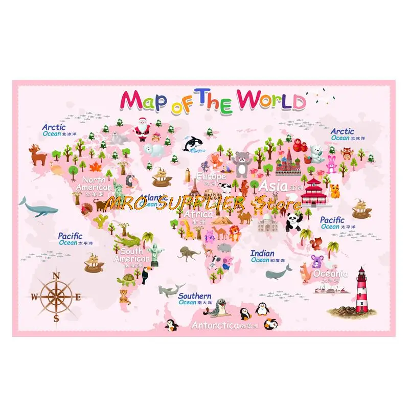 

Pink Carton World Map Poster Size Wall Decoration Large Map of The World 140x93cm Waterproof Canvas Map Children's Bedroom